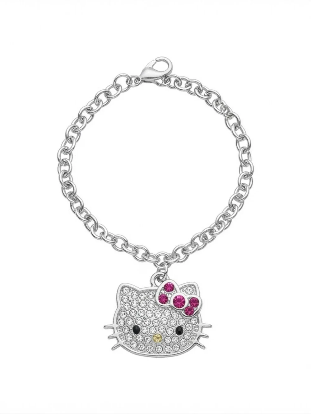 🍎NWT Hello Kitty Sanrio Rhinestone Charm Bracelet Silver-Tone Pink Bow Licensed